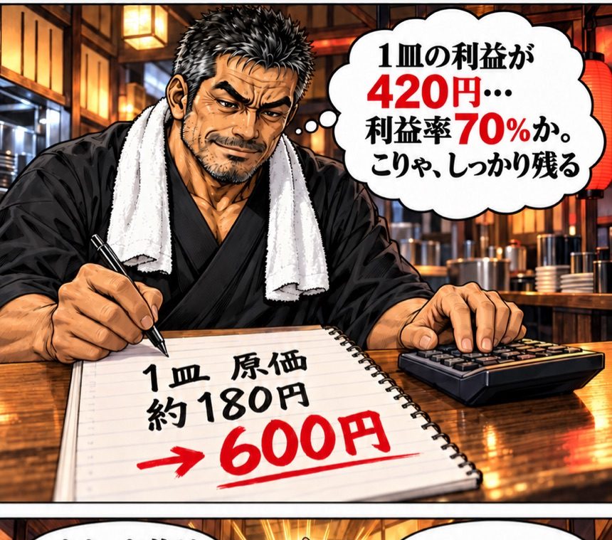 1皿の原価約180円を600円で提供。利益420円・利益率70%