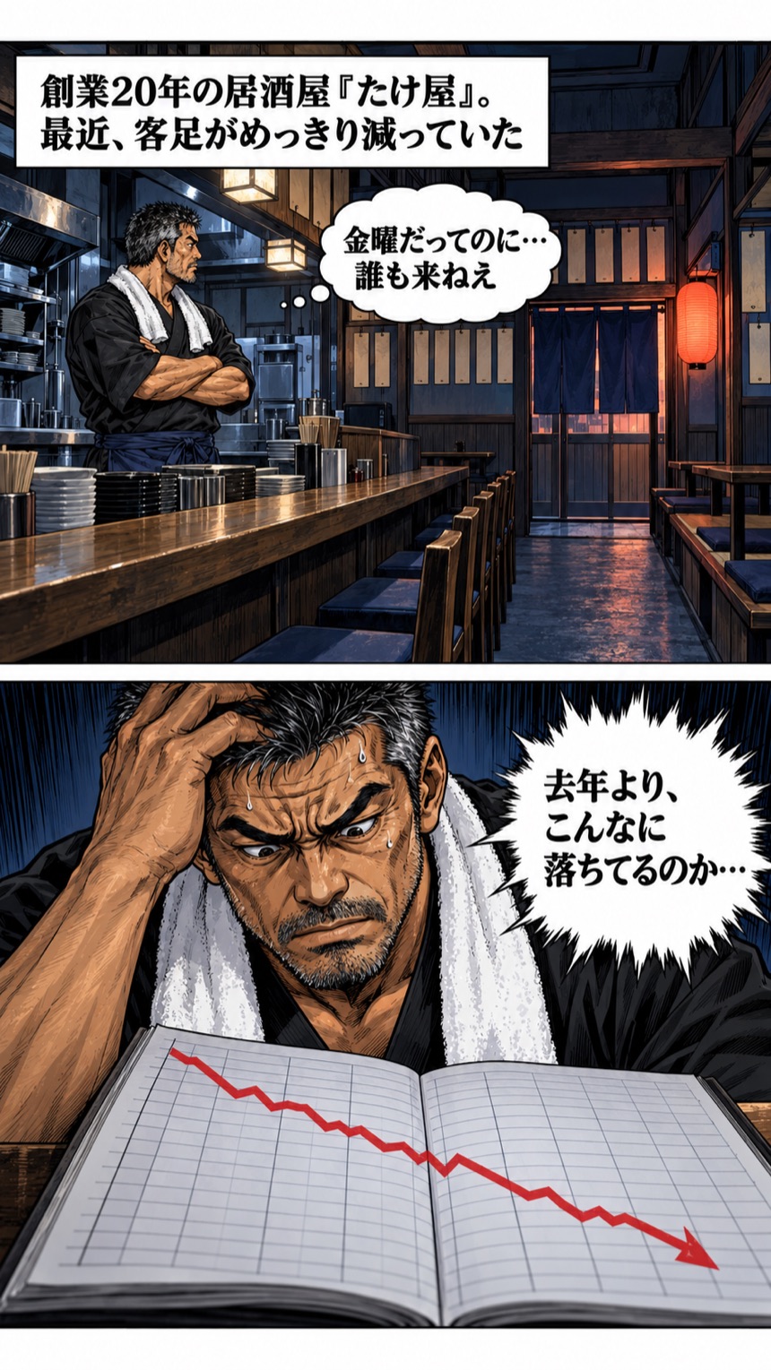 金曜なのに誰も来ない居酒屋たけ屋。売上帳のグラフは右肩下がり
