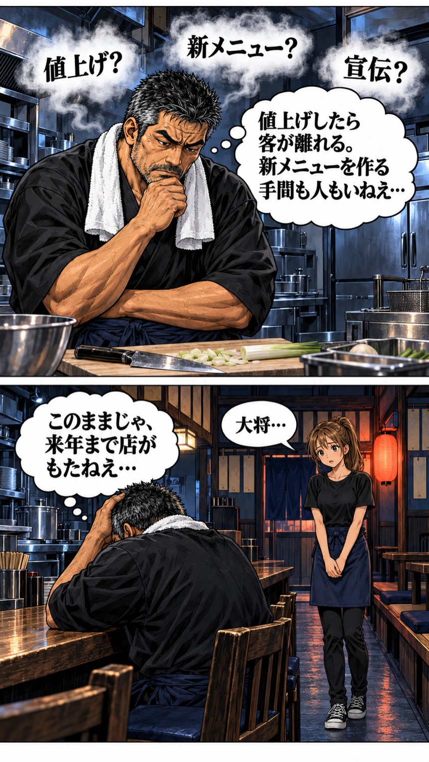 値上げも新メニューも難しい。頭を抱える大将を心配するバイトのユイ